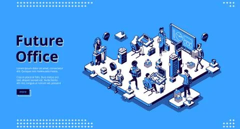 Future office isometric landing, human and robots Illustrazione stock