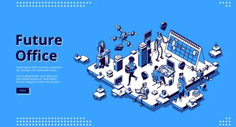 Future office isometric landing, human and robots Illustrazione stock