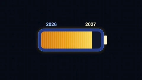 Future outlook projected on a battery charge indicator with years 2026 and .. Stock Footage 346502025