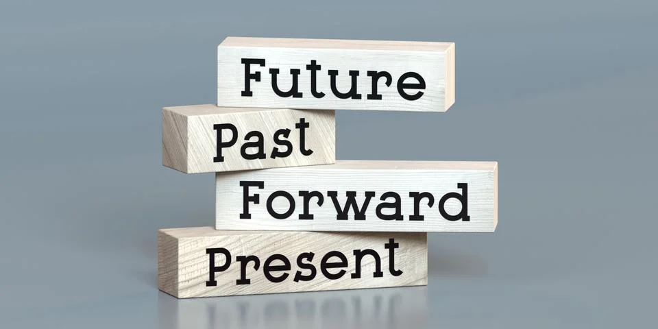 Future, past, forward, present - words on wooden blocks Illustrazione stock