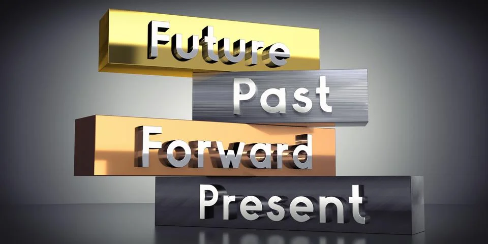 Future, past, forward, present - words on metal blocks - 3D illustration Illustrazione stock