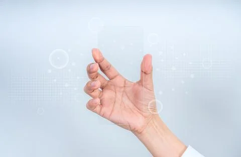 Future phone technology concept with hand interacting with transparent scre.. Stock Photos