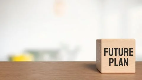 Future Plan Text on Wooden Block with Blurred Background 3d render. Stock Illustration