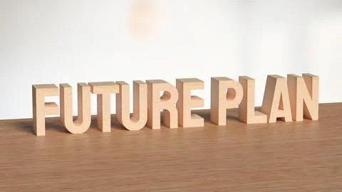 Future Plan Text on Wooden Block with Blurred Background 3d render. Stock Illustration