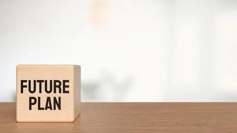 Future Plan Text on Wooden Block with Blurred Background 3d render. Illustrazione stock