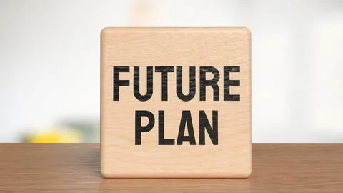 Future Plan Text on Wooden Block with Blurred Background 3d render. Illustrazione stock