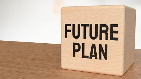 Future Plan Text on Wooden Block with Blurred Background 3d render. Stock Illustration