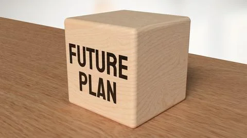 Future Plan Text on Wooden Block with Blurred Background 3d render. Stock Illustration