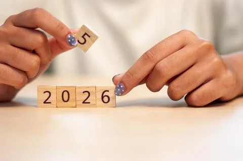 Future planning countdown to 2026 with blocks home office lifestyle close-u.. Stock Photos