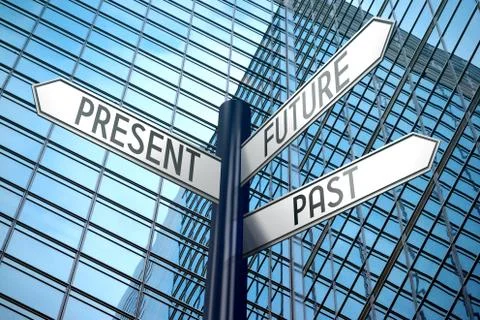 Future, present, past - crossroads sign, office building Ilustración de archivo