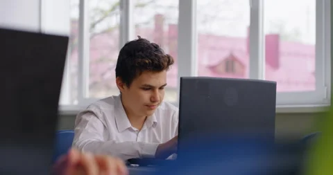 Future Programmer Studying Coding And Computer Language, Portrait Of Schoolboy Stock Footage 280172435