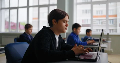 Future Programmers And Hackers, Portrait Of Teenager Student Sitting At Table Stock Footage 280175012