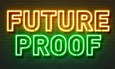 Future proof neon sign on brick wall background. Illustrazione stock