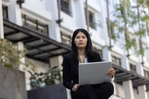 Future remote work combines technology smart phone digital business woman e.. Stock Photos