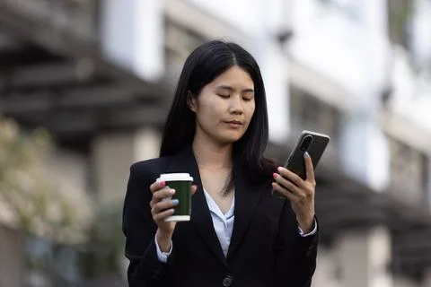 Future remote work combines technology smart phone digital business woman e.. Stock Photos