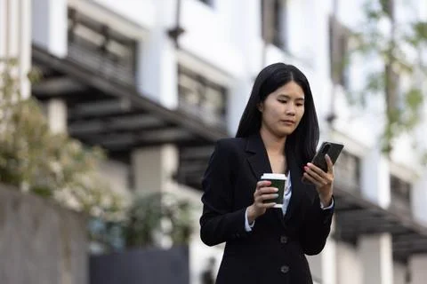 Future remote work combines technology smart phone digital business woman e.. Stock Photos