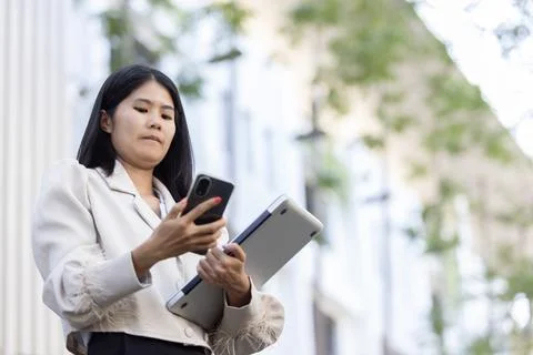 Future remote work combines technology smart phone connection online white .. Stock Photos