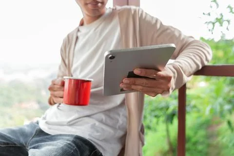 Future remote work combines technology nature smart phone enable e learning.. Stock Photos