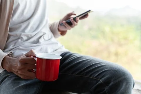 Future remote work combines technology nature smart phone enable e learning.. Stock Photos