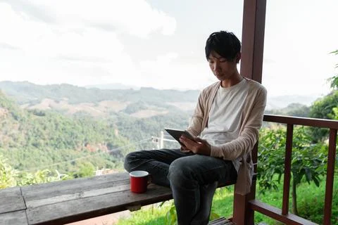 Future remote work combines technology nature smart phone enable e learning.. Stock Photos