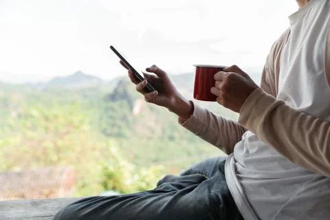 Future remote work combines technology nature smart phone enable e learning.. Stock Photos