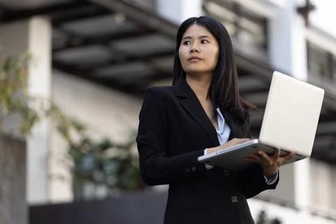 Future remote work combines technology smart phone digital business woman e.. Stock Photos