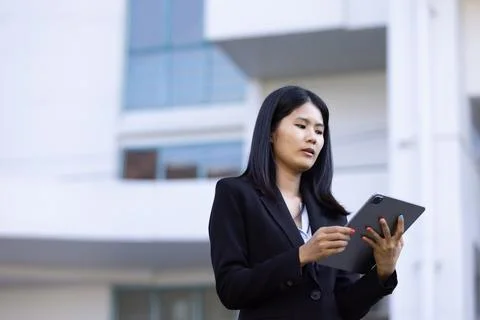 Future remote work combines technology smart phone digital business woman e.. Stock Photos