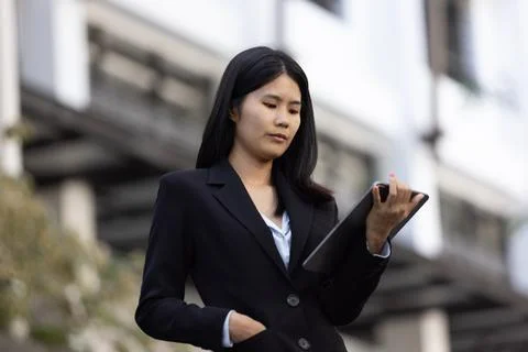 Future remote work combines technology smart phone digital business woman e.. Stock Photos