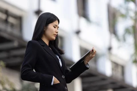 Future remote work combines technology smart phone digital business woman e.. Stock Photos