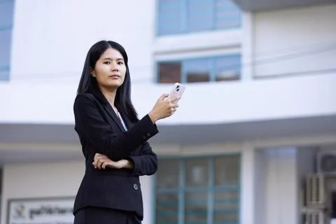 Future remote work combines technology smart phone digital business woman e.. Stock Photos