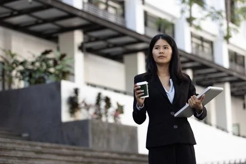 Future remote work combines technology smart phone digital business woman e.. Stock Photos