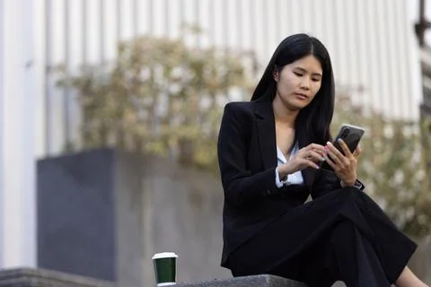 Future remote work combines technology smart phone digital business woman e.. Stock Photos