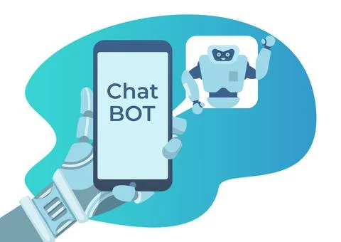 Future robot arm hand hold mobile phone, automatic conversation programming chat Stock Illustration