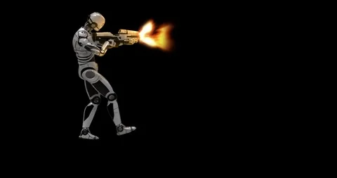 Future Robot Soldier Green Screen - Shooting Back Right With Effects 2K Stock Footage 122750457