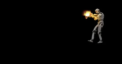 Future Robot Soldier Green Screen - Shooting Front Left With Effects 2K Stock Footage 122750472