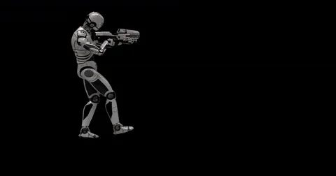 Future Robot Soldier w/ Alpha - Shooting Back Right With Effects 4K Stock Footage 81869317