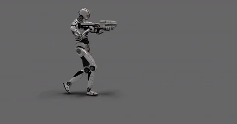 Future Robot Soldier w/ Alpha - Shooting Right With Effects 4K Stock Footage 81869327