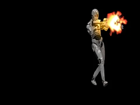 Future Robot Soldier w/ Alpha - Shooting Front Right With Effects 4K Stock Footage 81869349