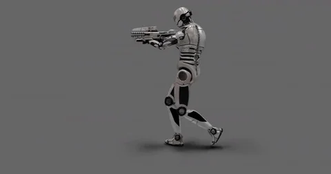 Future Robot Soldier w/ Alpha - Shooting Left With Effects 4K Stock Footage 81869351
