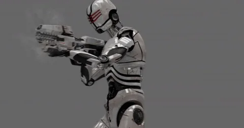 Future Robot Soldier w/ Alpha - Shooting Front Left Low With Effects 4K Stock Footage 81870204