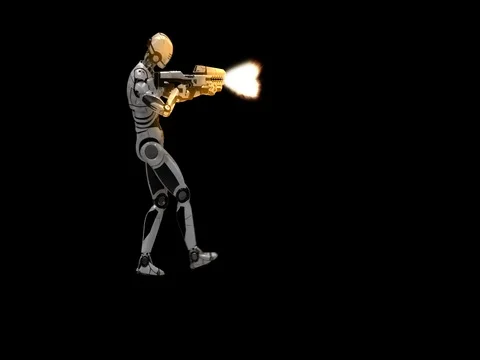 Future Robot Soldier w/ Alpha - Destroyed Back Right With Effects 4K Stock Footage 81870946