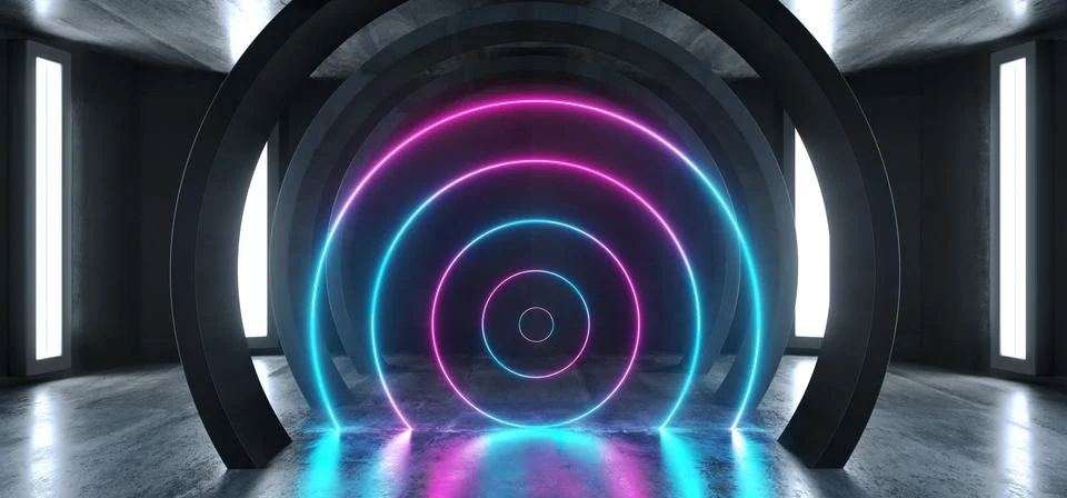 Future Sci Fi Circle Concrete Grunge Neon Lights Glowing Purple Blue Laser Fl Stock Illustration