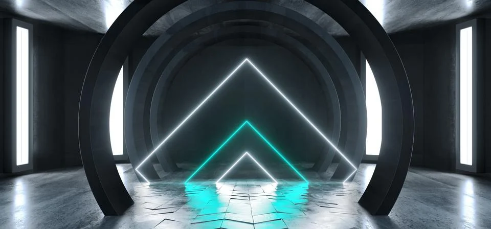 Future Sci Fi Circle Concrete Grunge Neon Lights Glowing White Blue Laser Flu 스톡 일러스트