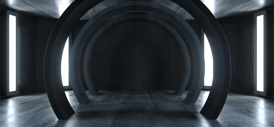 Future Sci Fi Circle Concrete Grunge Neon Lights Glowing White Studio Dark Em Illustrazione stock