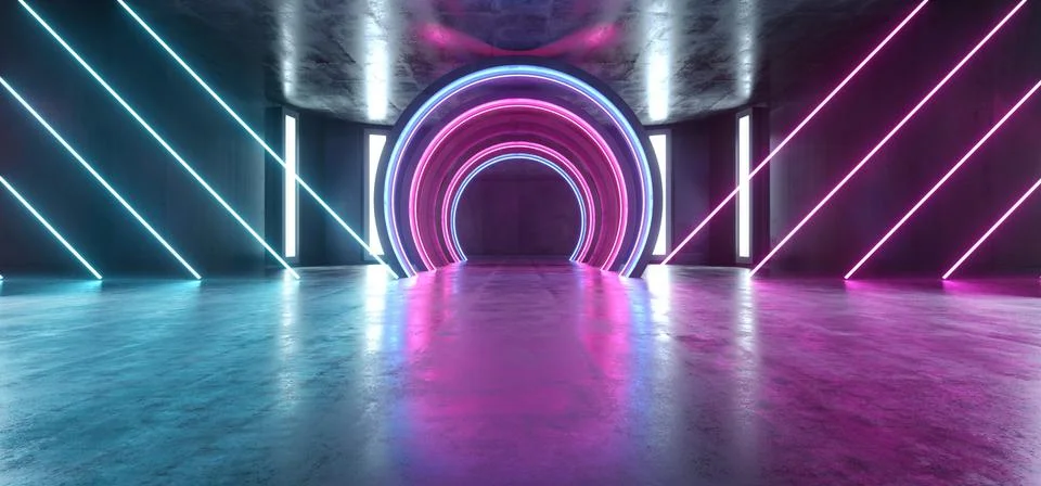 Future Sci Fi Circle Concrete Grunge Neon Lights Glowing Purple Blue Laser Fl 스톡 일러스트