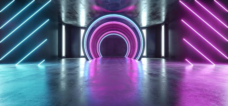 Future Sci Fi Circle Concrete Grunge Neon Lights Glowing Purple Blue Laser Fl 스톡 일러스트