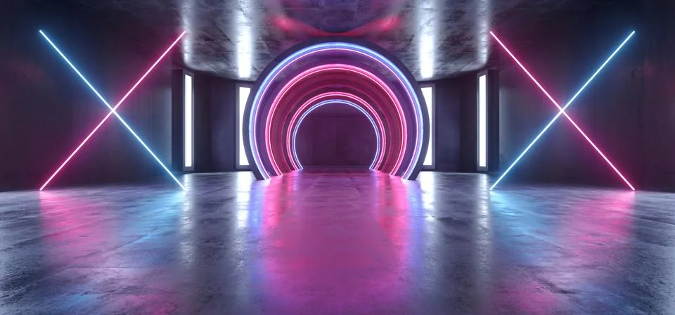 Future Sci Fi Circle Concrete Grunge Neon Lights Glowing Purple Blue Laser Fl 스톡 일러스트