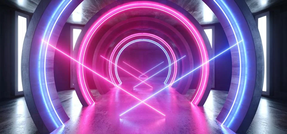 Future Sci Fi Circle Concrete Grunge Neon Lights Glowing Purple Blue Laser Fl Illustrazione stock