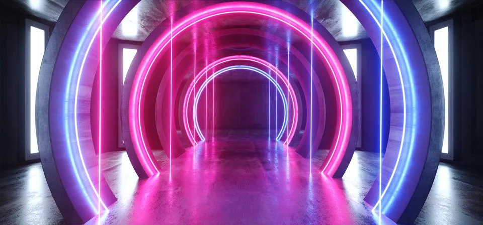 Future Sci Fi Circle Concrete Grunge Neon Lights Glowing Purple Blue Laser Fl 스톡 일러스트