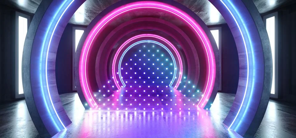 Future Sci Fi Circle Concrete Grunge Neon Lights Glowing Purple Blue Laser Fl Illustrazione stock